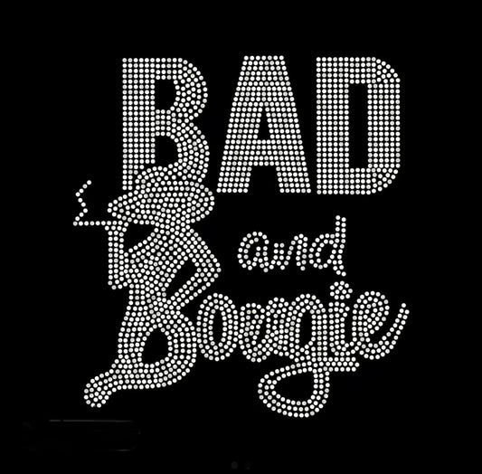 Decorative text 'BAD and Bowie' with rhinestone-like embellishments on a black background